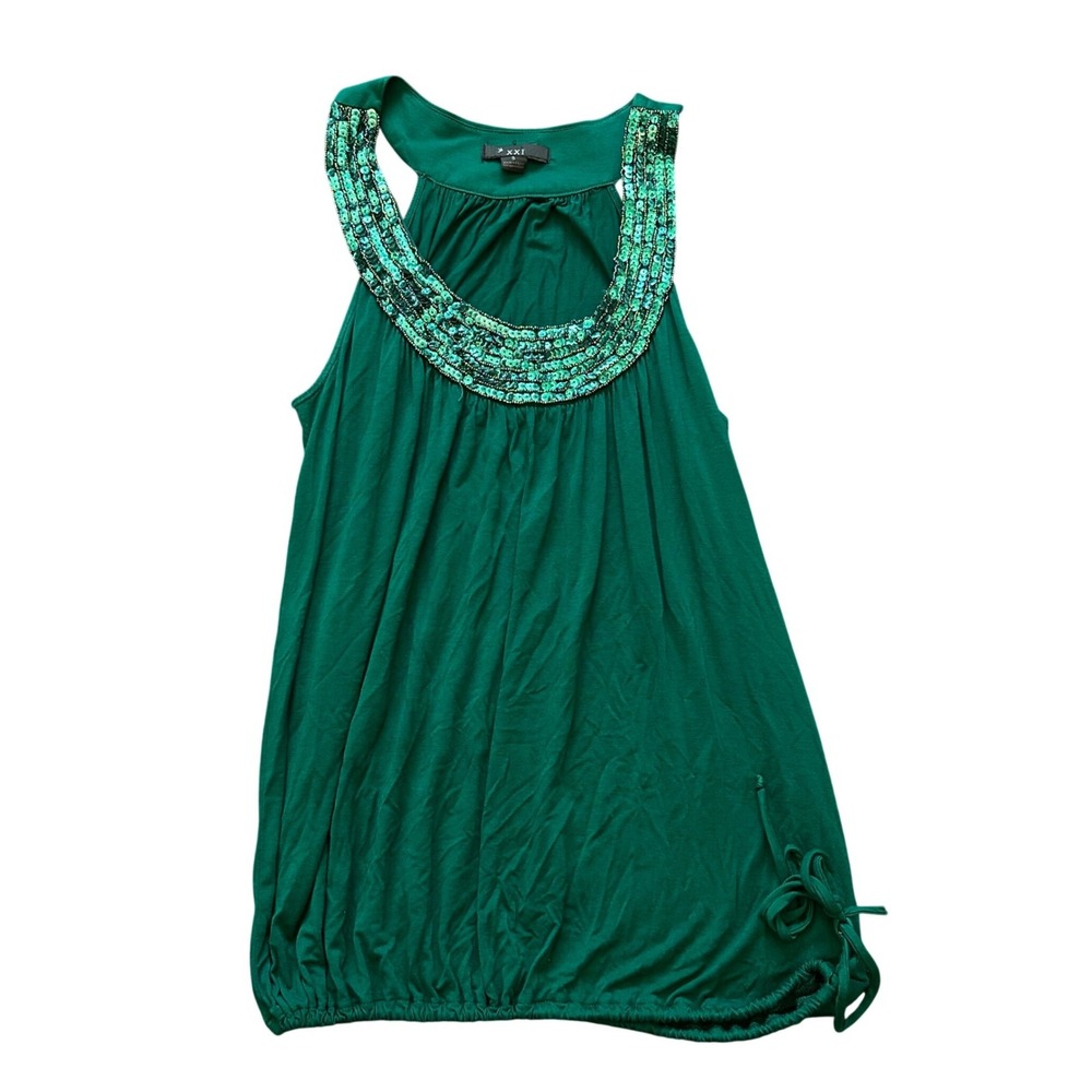 XXI Emerald Green Sequin Halter Top Womens Small Drawstring Hem Sleeveless